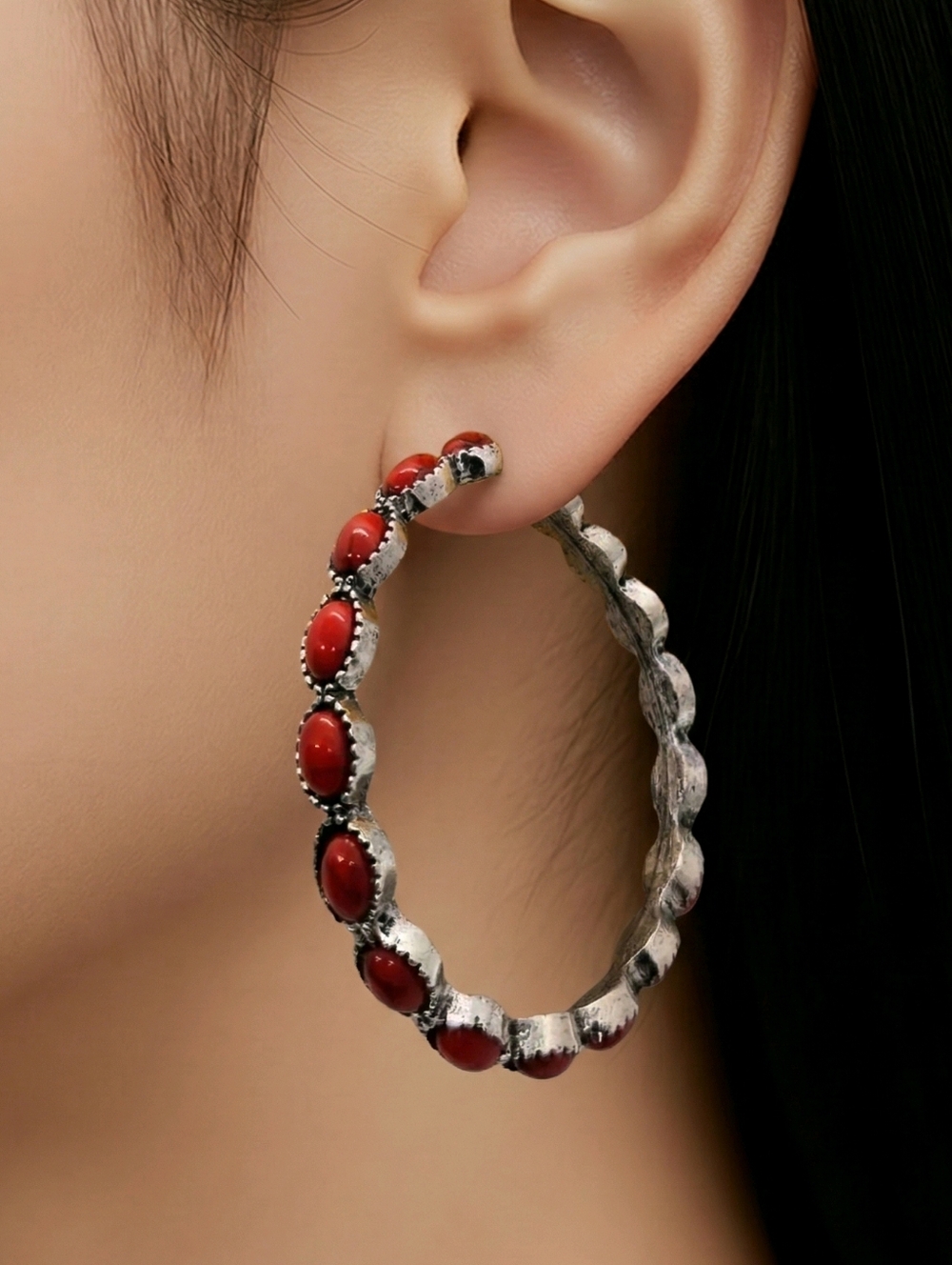 Red Cabochon Hoop Earrings Boho Western Chic Silver C Hoop Cowgirl Statement